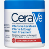 CeraVe white jar with blue lid and label for Intensive Keratosis Pilaris and Rough Skin Treatment. The label shows 19 oz size and features a red banner with skin icon for Ultra Repair Cream with Shea Butter.