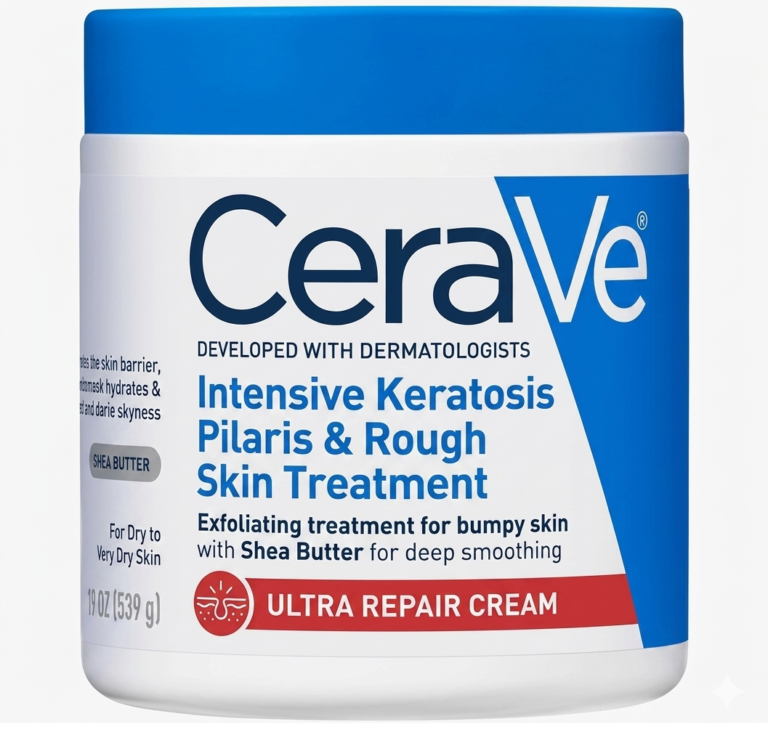 CeraVe white jar with blue lid and label for Intensive Keratosis Pilaris and Rough Skin Treatment. The label shows 19 oz size and features a red banner with skin icon for Ultra Repair Cream with Shea Butter.