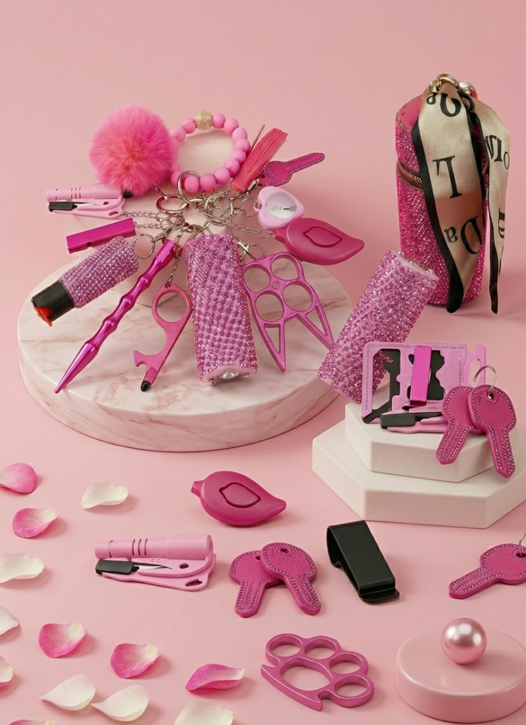 Complete 12-Piece Self-Defense Keychain Set for Women – Luxury Rhinestone Safety Kit with Personal