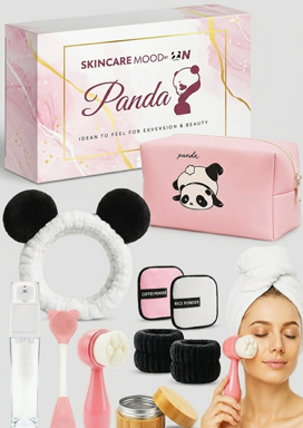 Joomoda Panda Skincare Accessories Gift Set – Soft Spa Headband, Dual-Sided Silicone Facial Brush, Makeup Remover Pads, and Travel Pouch – 7-Piece Pink Beauty Kit for Girls