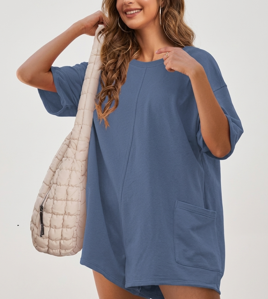 Yeokou Women’s Oversized Workout Romper – Casual Short Sleeve Athletic Bodysuit with Pockets, Loose Fit Summer Fashion Jumpsuit for Gym, Lounge & Streetwear